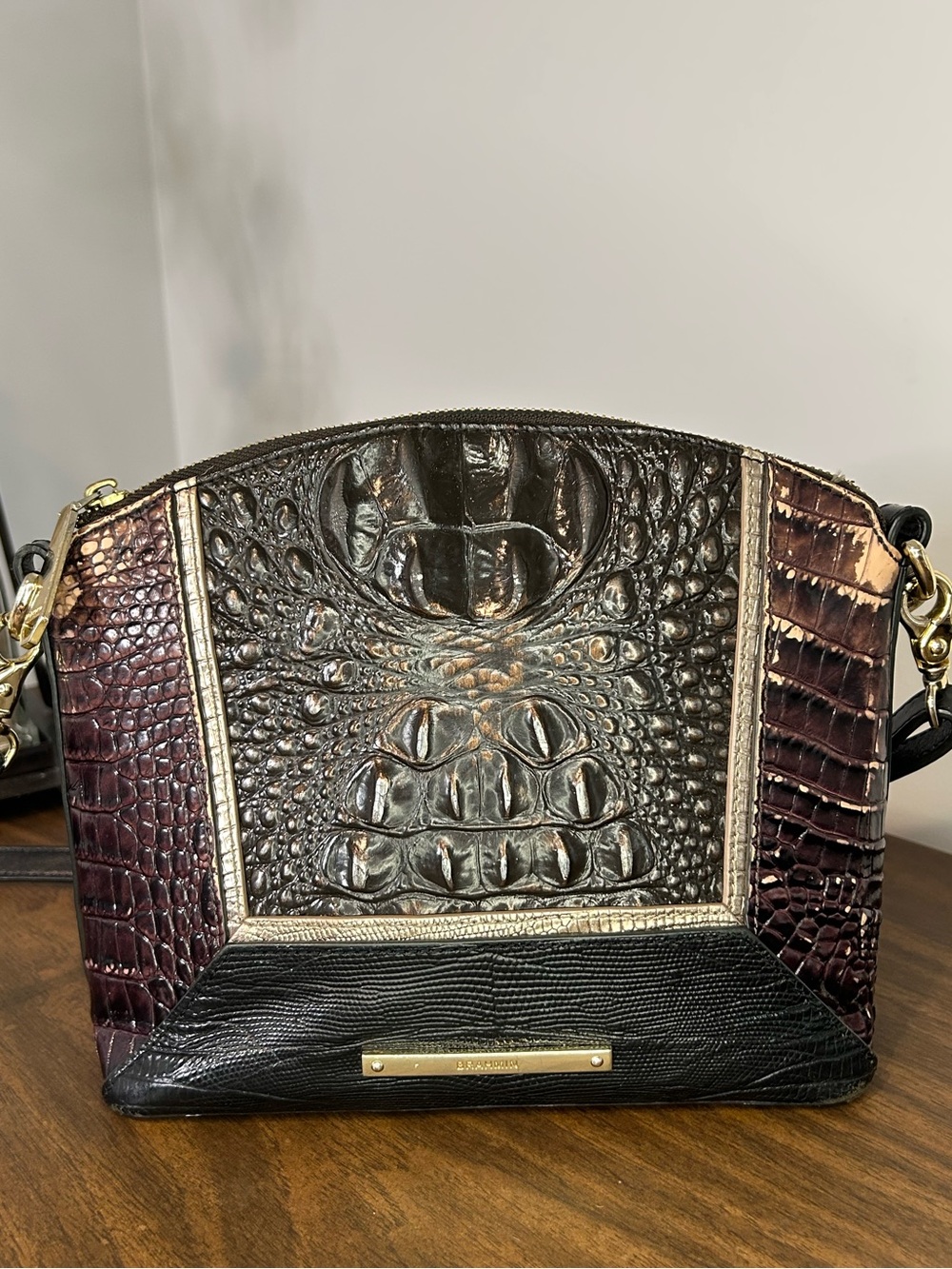 Brahmin Black Brown Metallic Embossed Leather Zip Crossbody Shoulder Bag